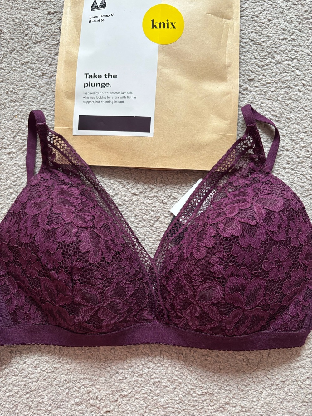 knix Lace Deep V Bralette in Plum Lace